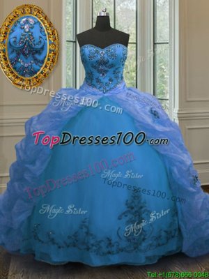 With Train Lace Up Quinceanera Dress Blue and In for Military Ball and Sweet 16 and Quinceanera with Beading and Embroidery and Pick Ups Court Train