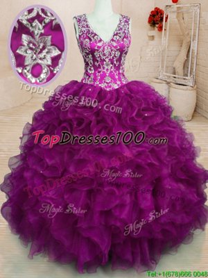 V-neck Sleeveless Sweet 16 Quinceanera Dress Floor Length Beading and Embroidery and Ruffles Fuchsia Organza