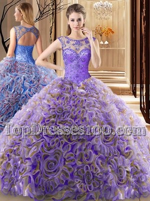 Traditional Scoop Sleeveless Fabric With Rolling Flowers Quince Ball Gowns Beading Brush Train Lace Up