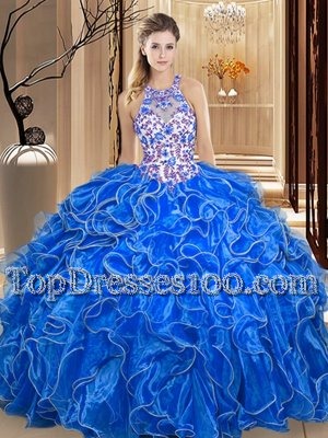 Royal Blue Scoop Neckline Embroidery and Ruffles Sweet 16 Dress Sleeveless Backless