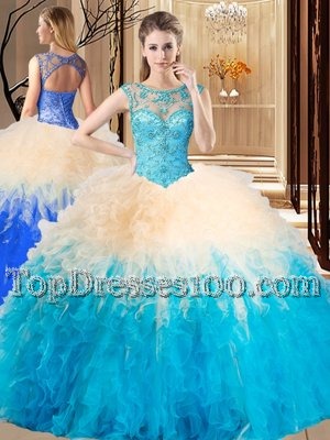 Ball Gowns 15th Birthday Dress Multi-color High-neck Tulle Sleeveless Floor Length Backless