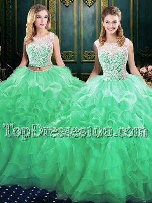 Pretty Green Ball Gowns Scoop Sleeveless Organza Court Train Lace Up Lace and Ruffles Sweet 16 Dresses