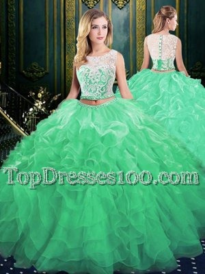 Scoop Sleeveless 15 Quinceanera Dress Court Train Lace and Appliques and Ruffles Green Organza