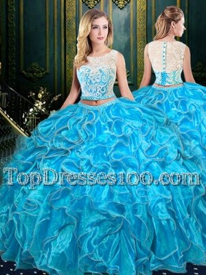Captivating Scoop Blue Zipper Sweet 16 Dress Lace and Ruffles Sleeveless Floor Length
