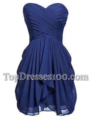 Flirting Sweetheart Sleeveless Teens Party Dress Knee Length Ruching Navy Blue Chiffon