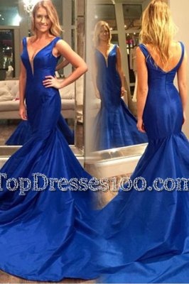 Mermaid V-neck Sleeveless Dress for Prom Court Train Pleated Royal Blue Satin