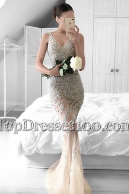 Noble Mermaid V-neck Sleeveless Sweep Train Zipper Champagne Tulle