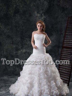 Deluxe Fabric With Rolling Flowers Sweetheart Sleeveless Brush Train Lace Up Ruffles and Ruching Wedding Gown in White