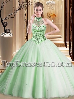 Designer Apple Green Ball Gowns Halter Top Sleeveless Tulle With Brush Train Lace Up Beading Sweet 16 Quinceanera Dress