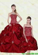 Pretty Wine Red Strapless Quinceanera Gown with Embroidery and Pick Ups