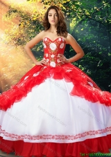 Beautiful Embroideried White and Red Quinceanera Dress in Organza and Taffeta