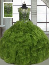 Eye-catching Olive Green Lace Up Scoop Beading and Ruffles 15 Quinceanera Dress Organza Sleeveless