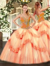Peach Lace Up Quinceanera Dress Beading Sleeveless Floor Length