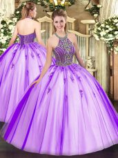 Shining Beading Sweet 16 Dress Eggplant Purple Lace Up Sleeveless Floor Length