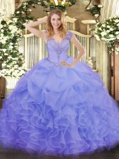 Great Lavender 15th Birthday Dress Military Ball and Sweet 16 and Quinceanera with Ruffles V-neck Sleeveless Lace Up