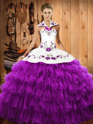 Suitable Floor Length Lace Up Quince Ball Gowns Eggplant Purple for Military Ball and Sweet 16 and Quinceanera with Embroidery and Ruffled Layers