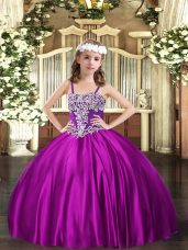 Trendy Fuchsia Sleeveless Satin Lace Up Girls Pageant Dresses for Party and Quinceanera