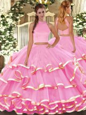 On Sale Floor Length Rose Pink Quinceanera Dresses Organza Sleeveless Beading and Ruffled Layers