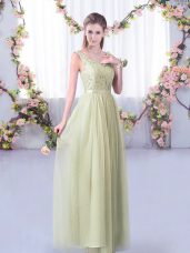 Most Popular Sleeveless Floor Length Lace and Belt Side Zipper Quinceanera Court of Honor Dress with Yellow Green