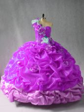 Floor Length Lace Up 15 Quinceanera Dress Purple for Sweet 16 and Quinceanera with Pick Ups and Hand Made Flower