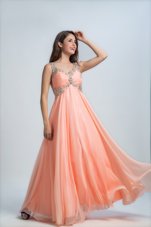 Floor Length Orange Evening Dress Organza Sleeveless Beading