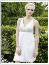 Sophisticated White V-neck Criss Cross Ruching Womens Party Dresses Sleeveless