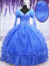 Simple Floor Length Blue Sweet 16 Dress One Shoulder Long Sleeves Lace Up