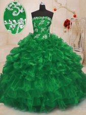Attractive Green Ball Gowns Organza Strapless Sleeveless Beading and Appliques and Ruffles Floor Length Lace Up 15th Birthday Dress