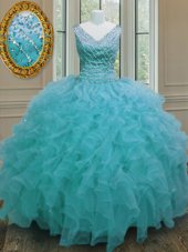 Dynamic Floor Length Aqua Blue 15th Birthday Dress Organza Sleeveless Beading and Ruffles
