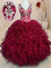 Floor Length Zipper 15 Quinceanera Dress Wine Red and In for Military Ball and Sweet 16 and Quinceanera with Beading and Embroidery and Ruffles