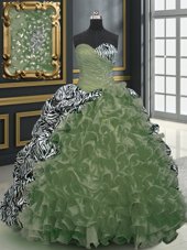 Printed Olive Green Quinceanera Gown Military Ball and Sweet 16 and Quinceanera and For with Beading and Ruffles and Pattern Sweetheart Sleeveless Brush Train Lace Up