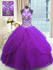 Floor Length Purple 15th Birthday Dress Tulle Sleeveless Beading