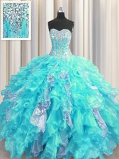 Stylish Visible Boning Floor Length Aqua Blue Quinceanera Gown Organza and Sequined Sleeveless Beading and Ruffles and Sequins