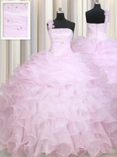 Top Selling One Shoulder Baby Pink Sleeveless Organza Zipper 15 Quinceanera Dress for Military Ball and Sweet 16 and Quinceanera