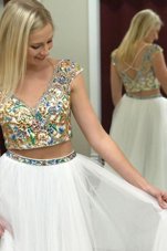 Best Selling White V-neck Criss Cross Beading Prom Gown Cap Sleeves