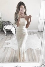 Hot Sale Mermaid Halter Top Sleeveless Zipper Floor Length Lace Evening Dress