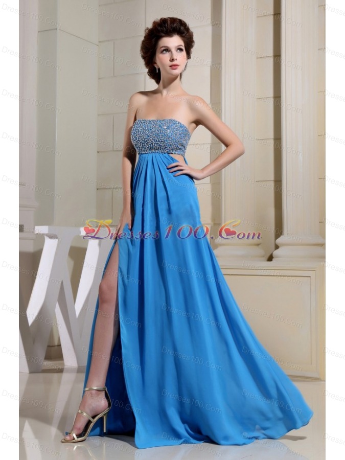 High Slit and Beaded Decorate Bust For Sexy Blue Prom Dress - US$158.98